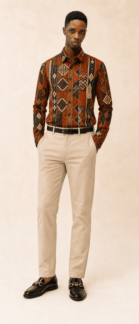 African print shirt and beige chinos styled on a Bravtone50 model