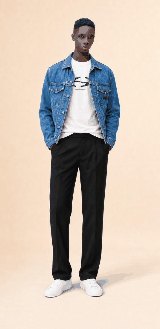 Denim jacket, white T-shirt and black trousers styled on a Bravtone50 model