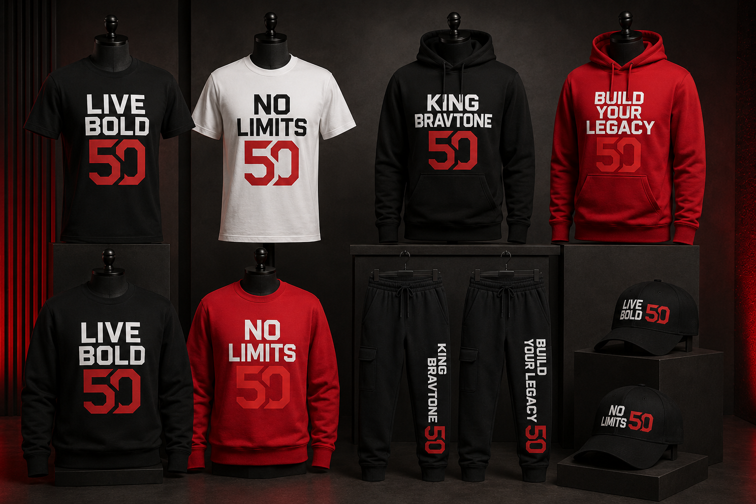 Ten real Bravtone printed fashion pieces combining the red 50 logo with Live Bold, No Limits, King Bravtone and Build Your Legacy wording