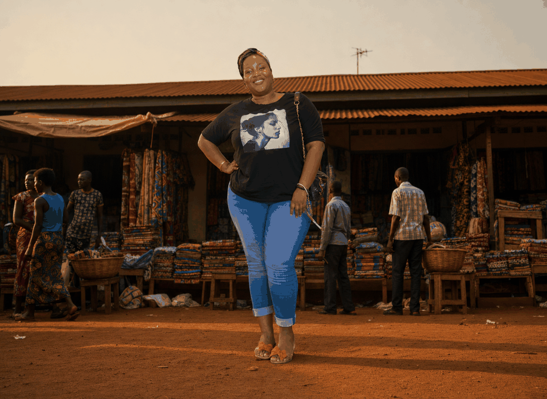 Rachel, founder of Bravtone50Collection, at an African fabric market